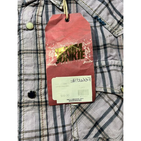 Denim Junkie Button Up Shirt Adult Large Purple‎ Plaid Pocketed Snap Mens - Picture 5 of 13